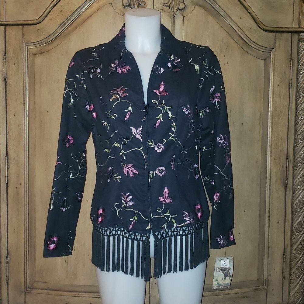 NEW Women's Ranch Dressing Embroidered Floral Fringe Zip-Up Blazer